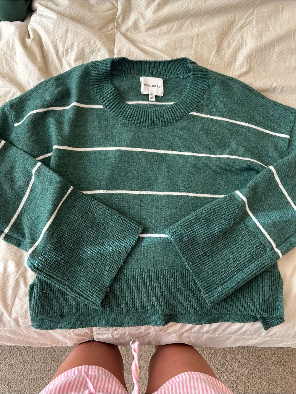 Forest Green Crewneck Sweater with White Stripes